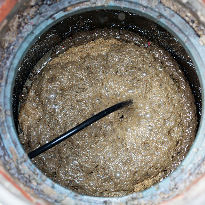 Blocked sewerage drain close up
