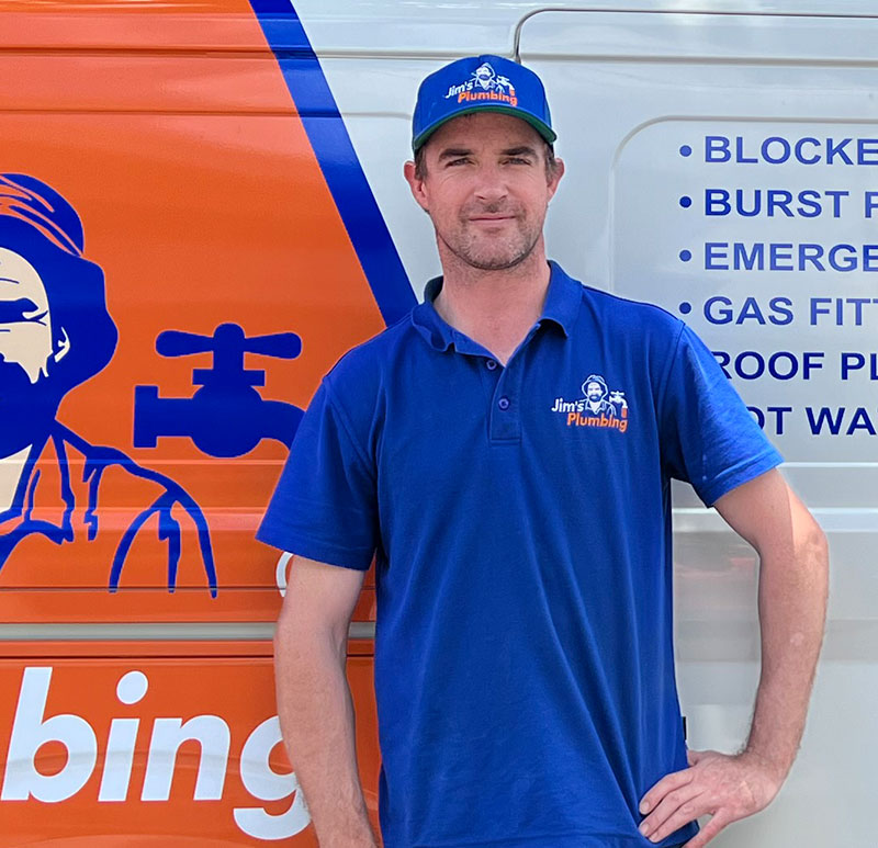 Rhys Davis, Chermisde plumber in front of his work van