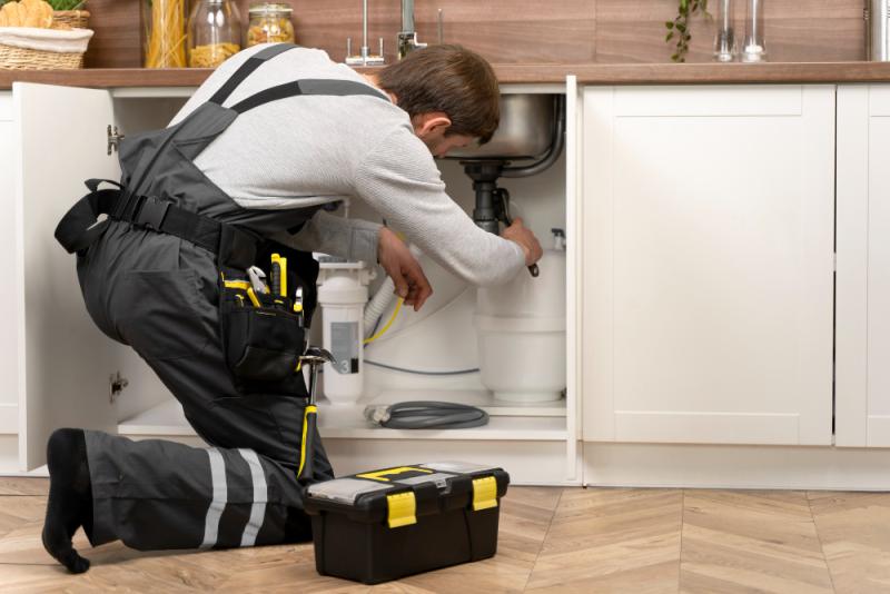 PLumber under kitchen sink fixing drain